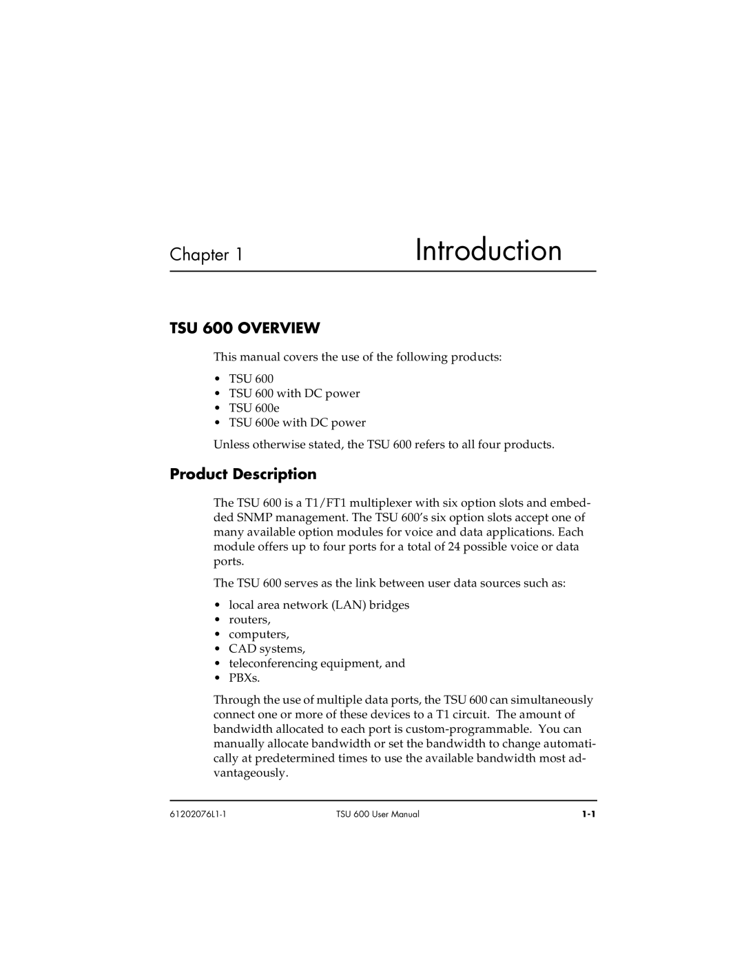 ADTRAN 1202076L2#DC, 1202076L1#DC user manual Introduction, TSU 600 Overview, Product Description 