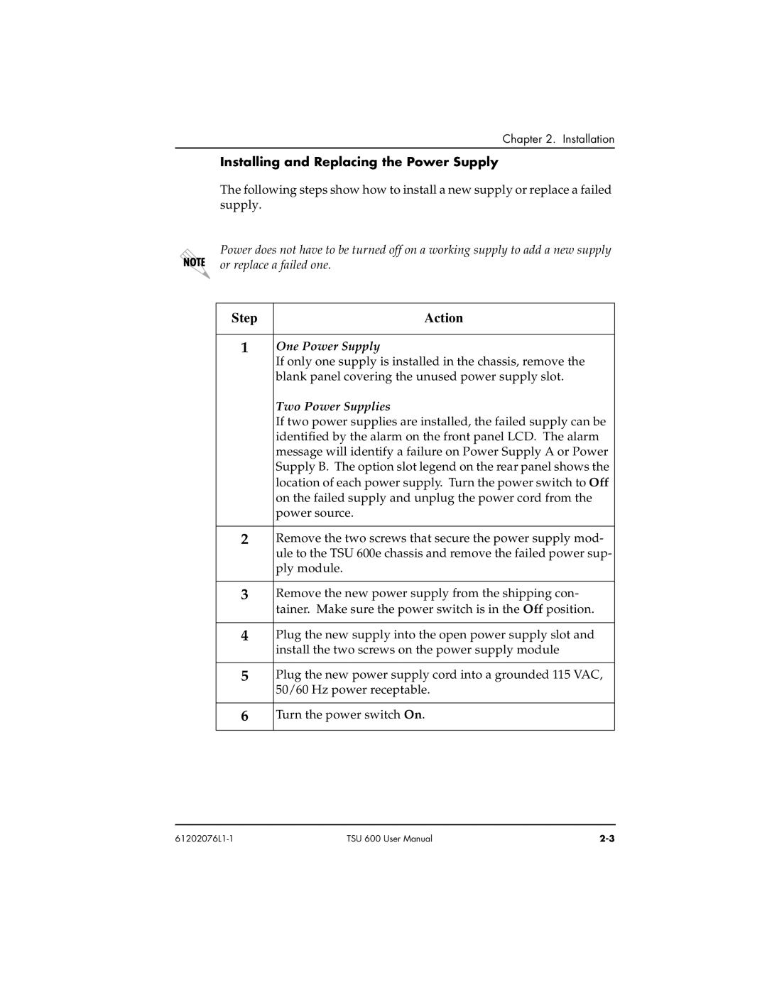 ADTRAN 1202076L2#DC, 1202076L1#DC user manual Step Action, Installing and Replacing the Power Supply 