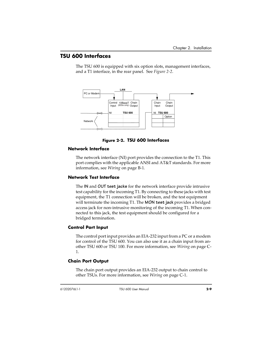 ADTRAN 1202076L1#DC, 1202076L2 user manual TSU 600 Interfaces, Network Test Interface, Control Port Input, Chain Port Output 