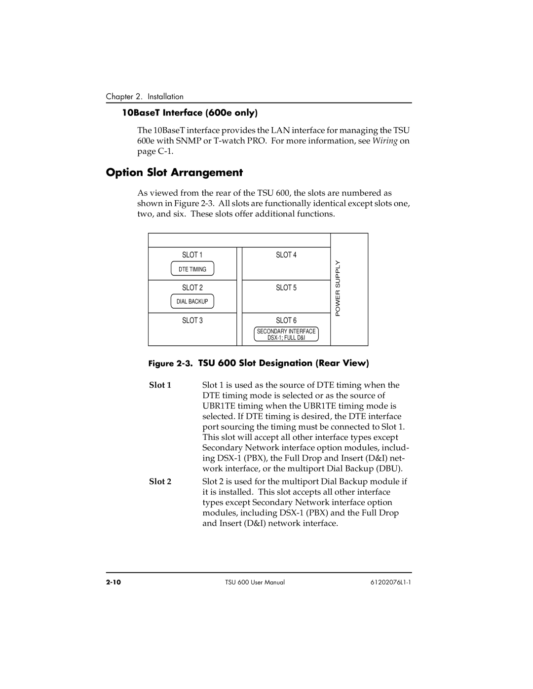 ADTRAN 1202076L2#DC, 1202076L1#DC user manual Option Slot Arrangement, 10BaseT Interface 600e only 