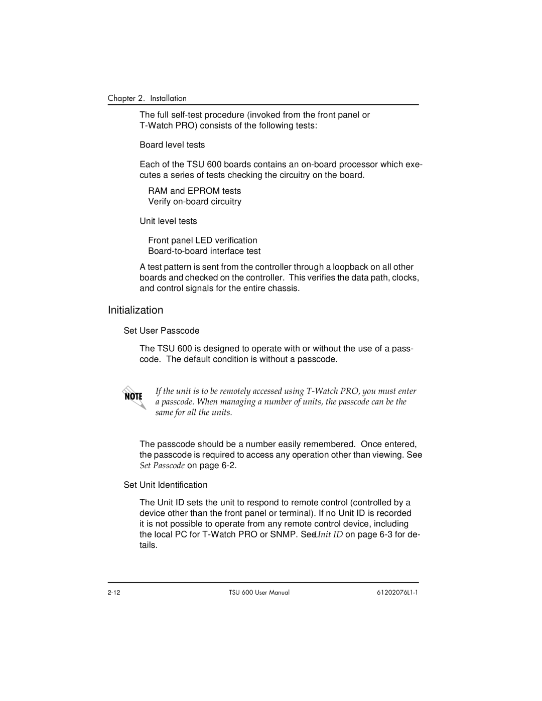 ADTRAN 1202076L1 Initialization, Board level tests, Unit level tests, Set User Passcode, Set Unit Identification 