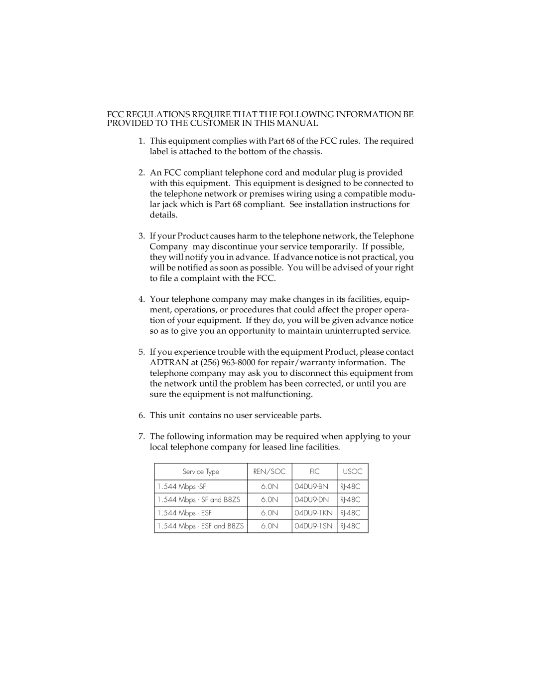 ADTRAN 1202076L2#DC, 1202076L1#DC user manual REN/SOC FIC Usoc 