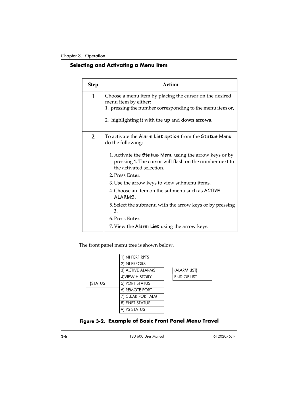 ADTRAN 1202076L1, 1202076L2#DC user manual Selecting and Activating a Menu Item, Example of Basic Front Panel Menu Travel 