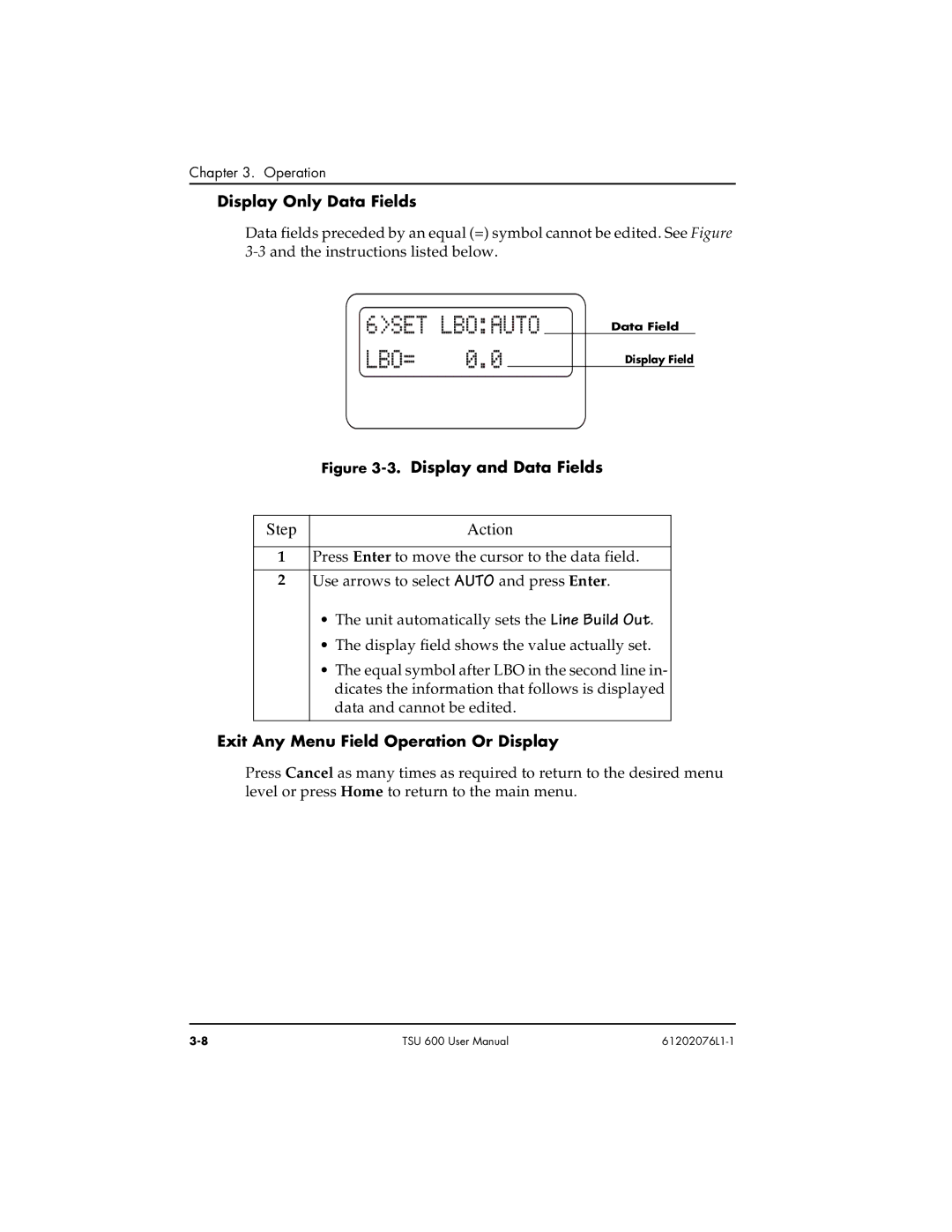 ADTRAN 1202076L2#DC, 1202076L1#DC user manual Display Only Data Fields, Exit Any Menu Field Operation Or Display 