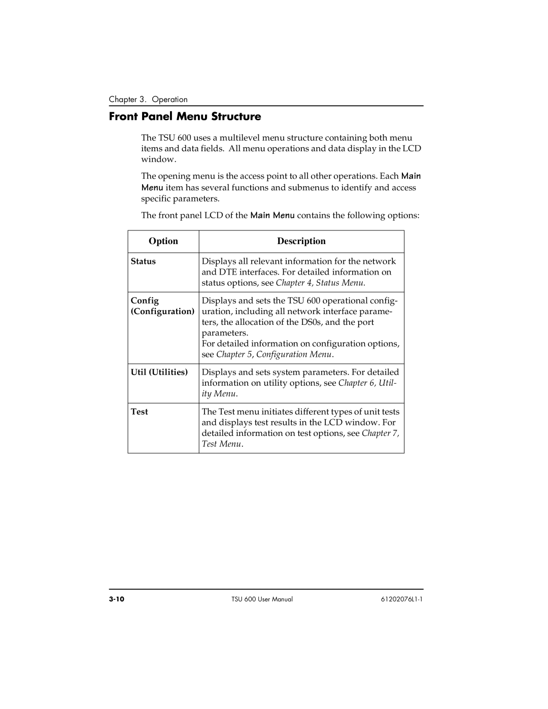 ADTRAN 1202076L2#DC, 1202076L1#DC user manual Front Panel Menu Structure 