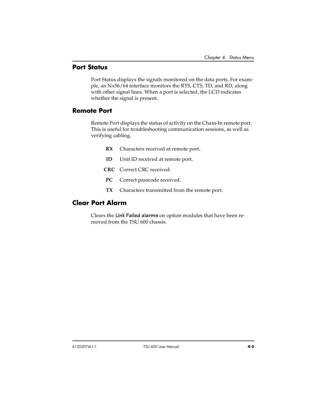 ADTRAN 1202076L1#DC, 1202076L2#DC user manual Port Status, Remote Port, Clear Port Alarm 