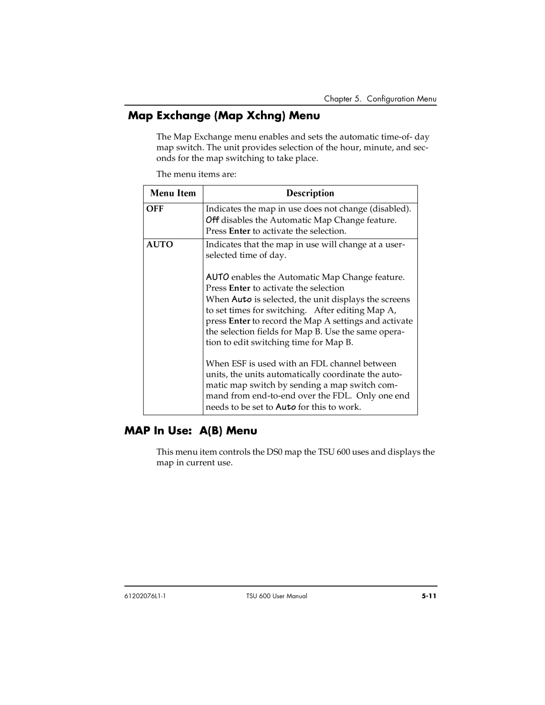 ADTRAN 1202076L1#DC, 1202076L2#DC user manual Map Exchange Map Xchng Menu, MAP In Use AB Menu, Off, Auto 