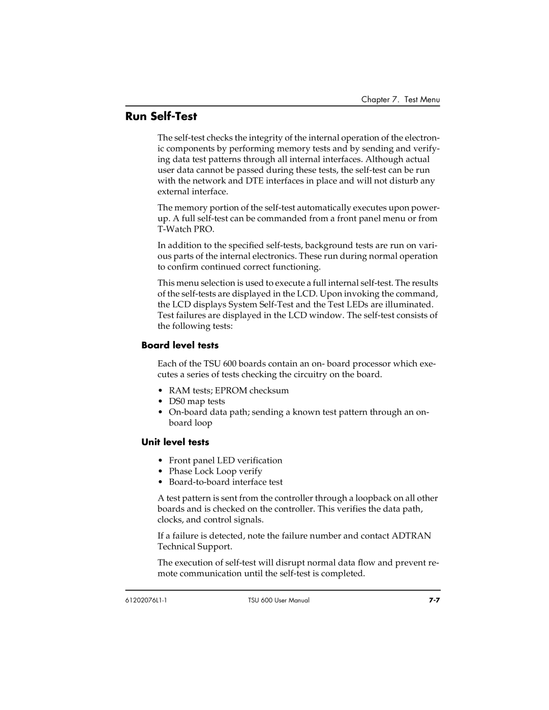 ADTRAN 1202076L1#DC, 1202076L2#DC user manual Run Self-Test, Board level tests 