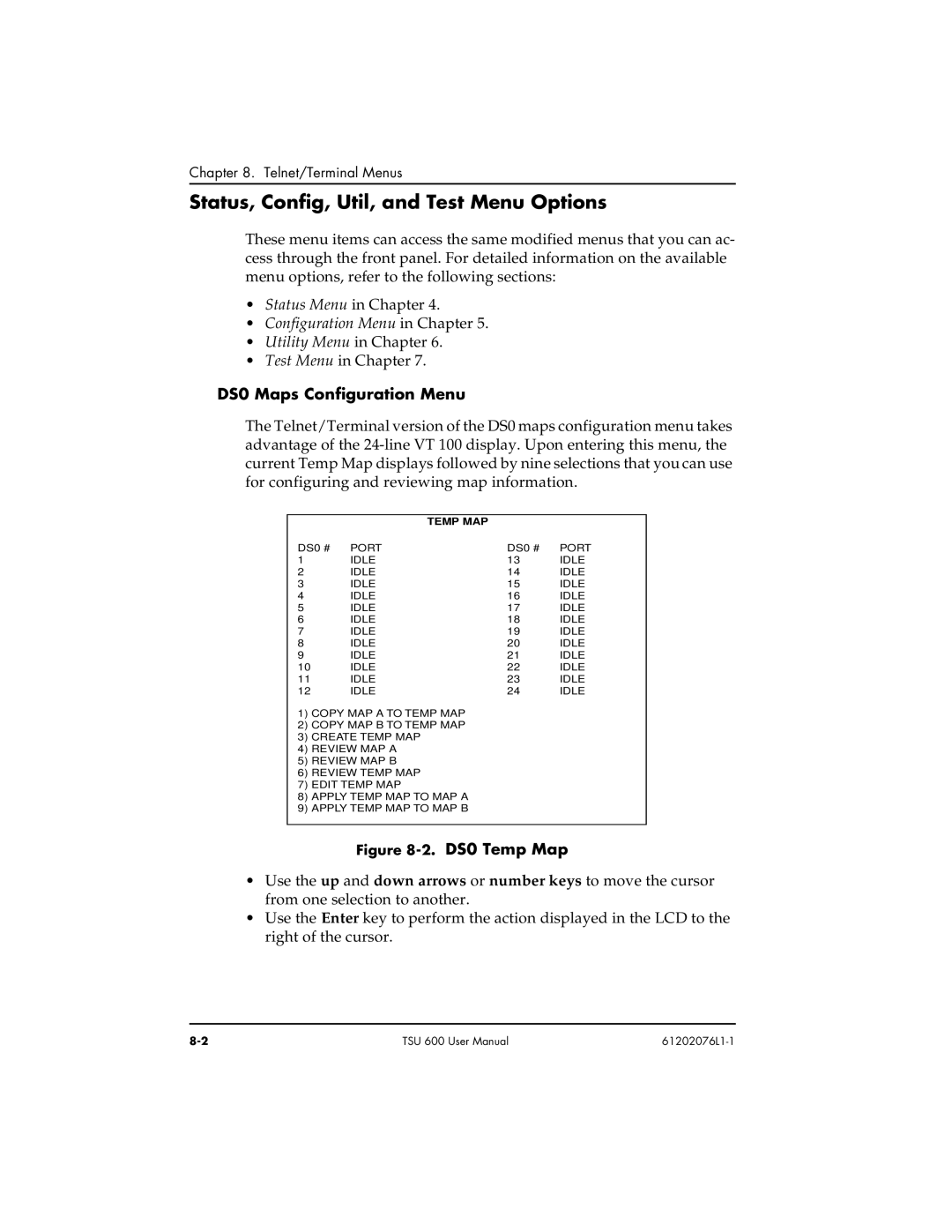 ADTRAN 1202076L2#DC, 1202076L1#DC user manual Status, Config, Util, and Test Menu Options, DS0 Maps Configuration Menu 