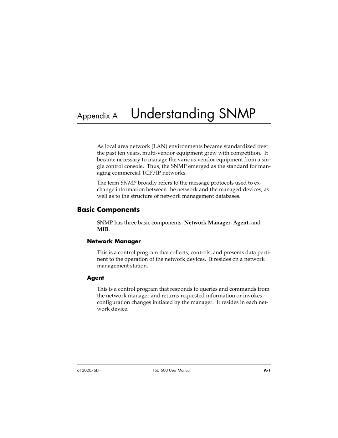 ADTRAN 1202076L1#DC, 1202076L2#DC user manual Appendix a Understanding Snmp, Basic Components, Network Manager, Agent 