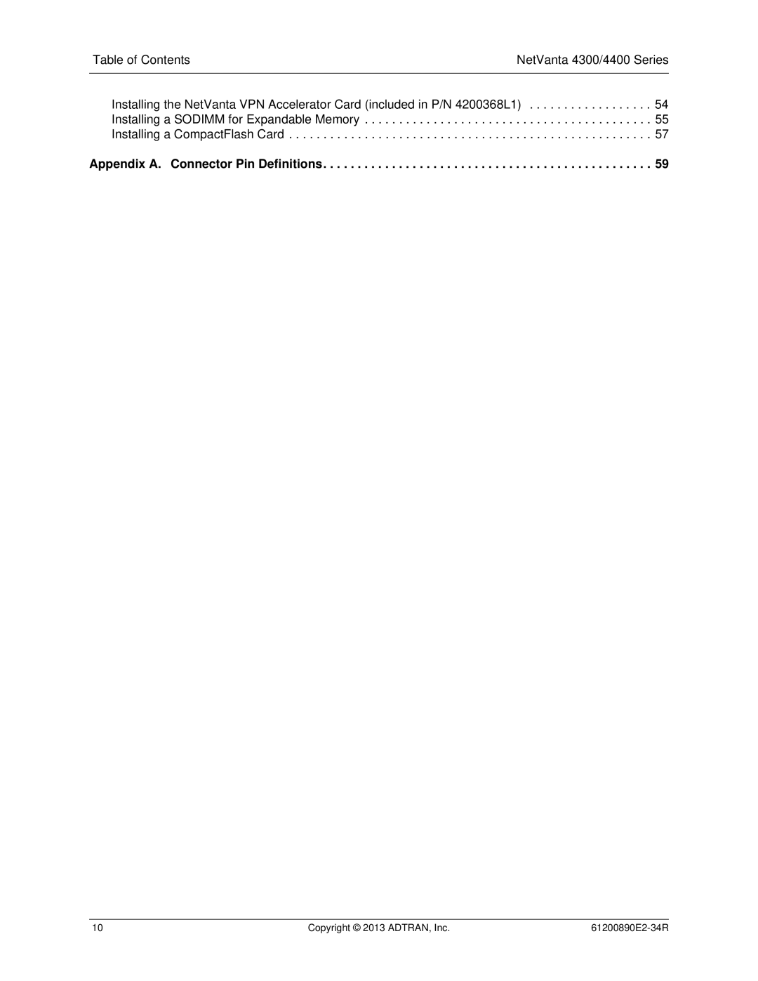 ADTRAN 1202890E1 manual Table of Contents NetVanta 4300/4400 Series, Appendix A. Connector Pin Definitions 