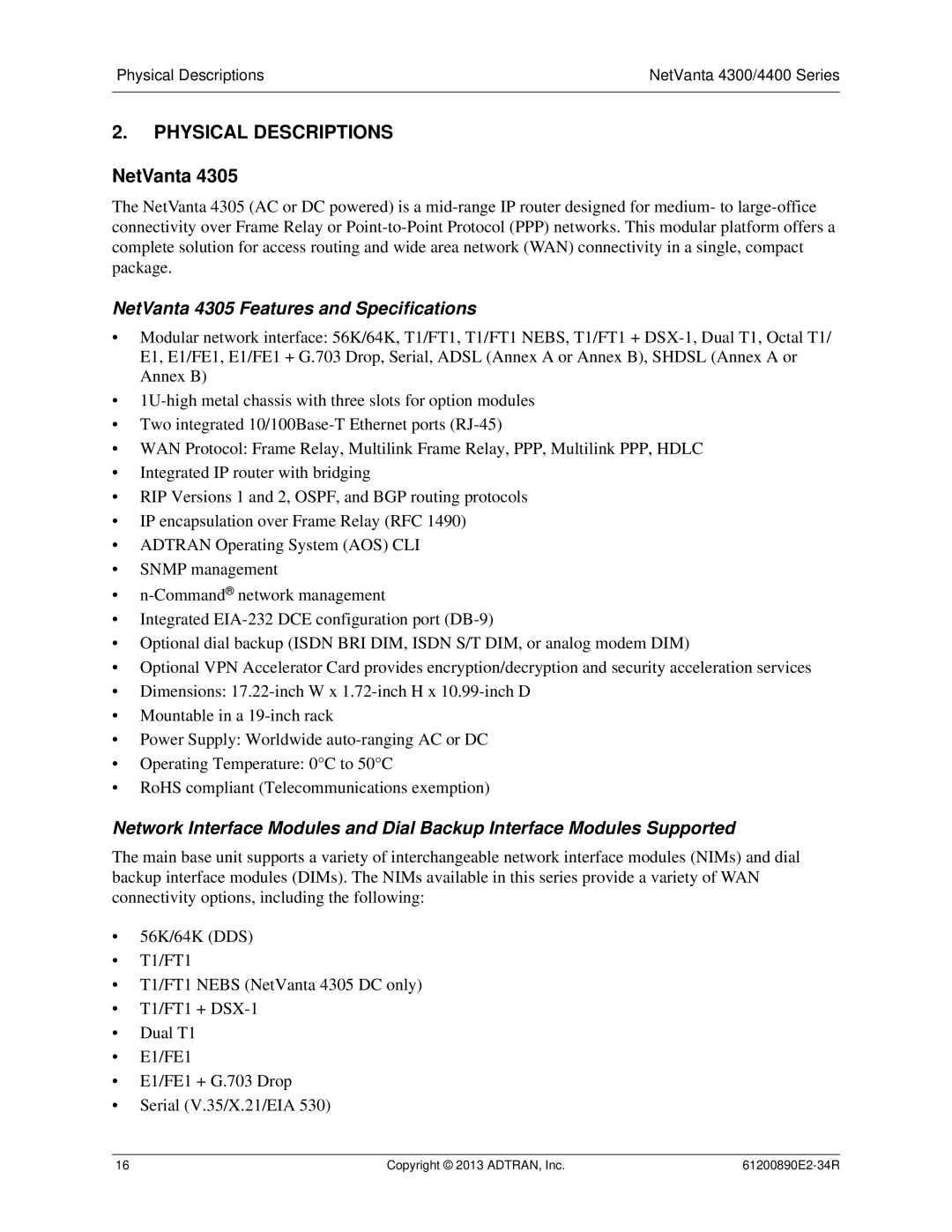 ADTRAN 1202890E1 manual NetVanta 4305 Features and Specifications 