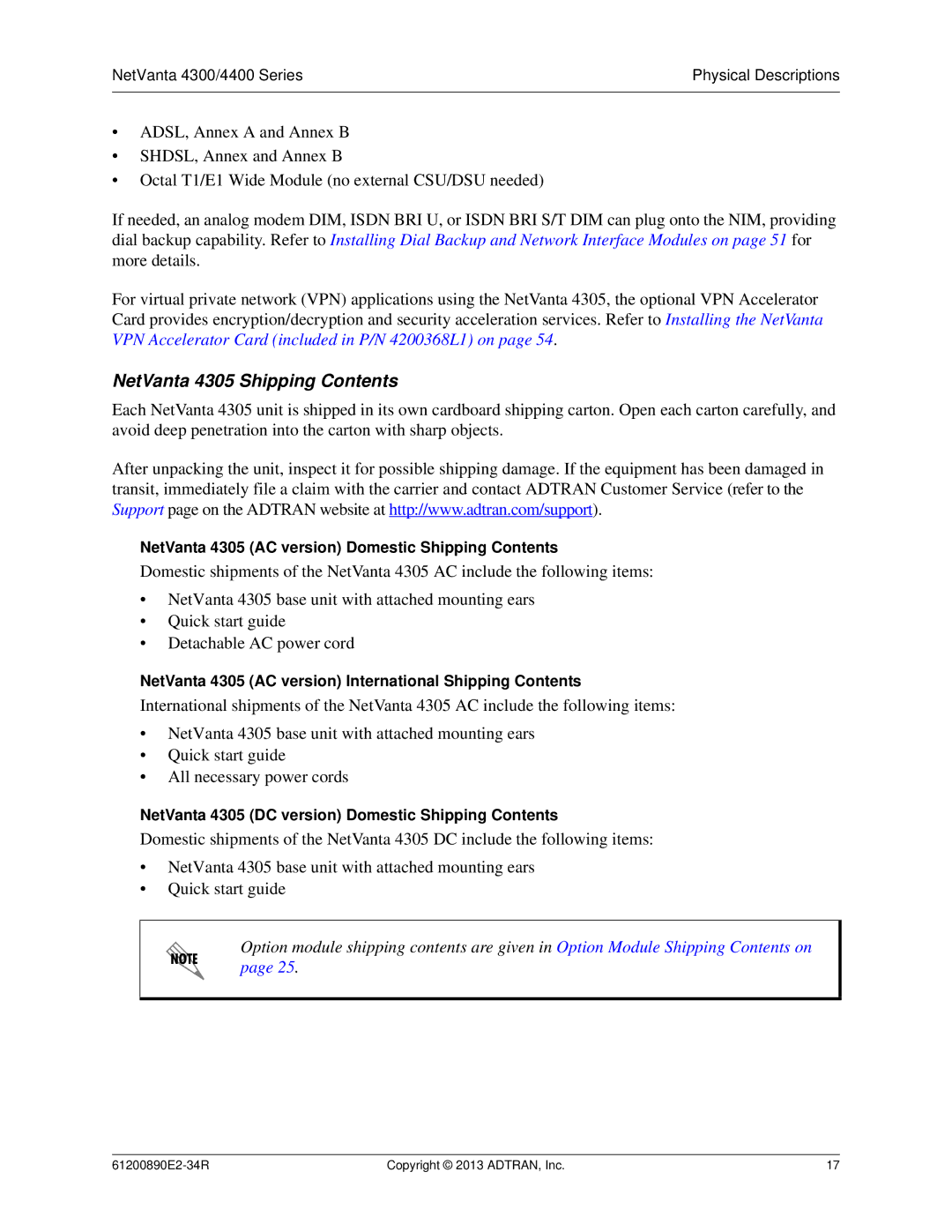 ADTRAN 1202890E1 manual NetVanta 4305 Shipping Contents 