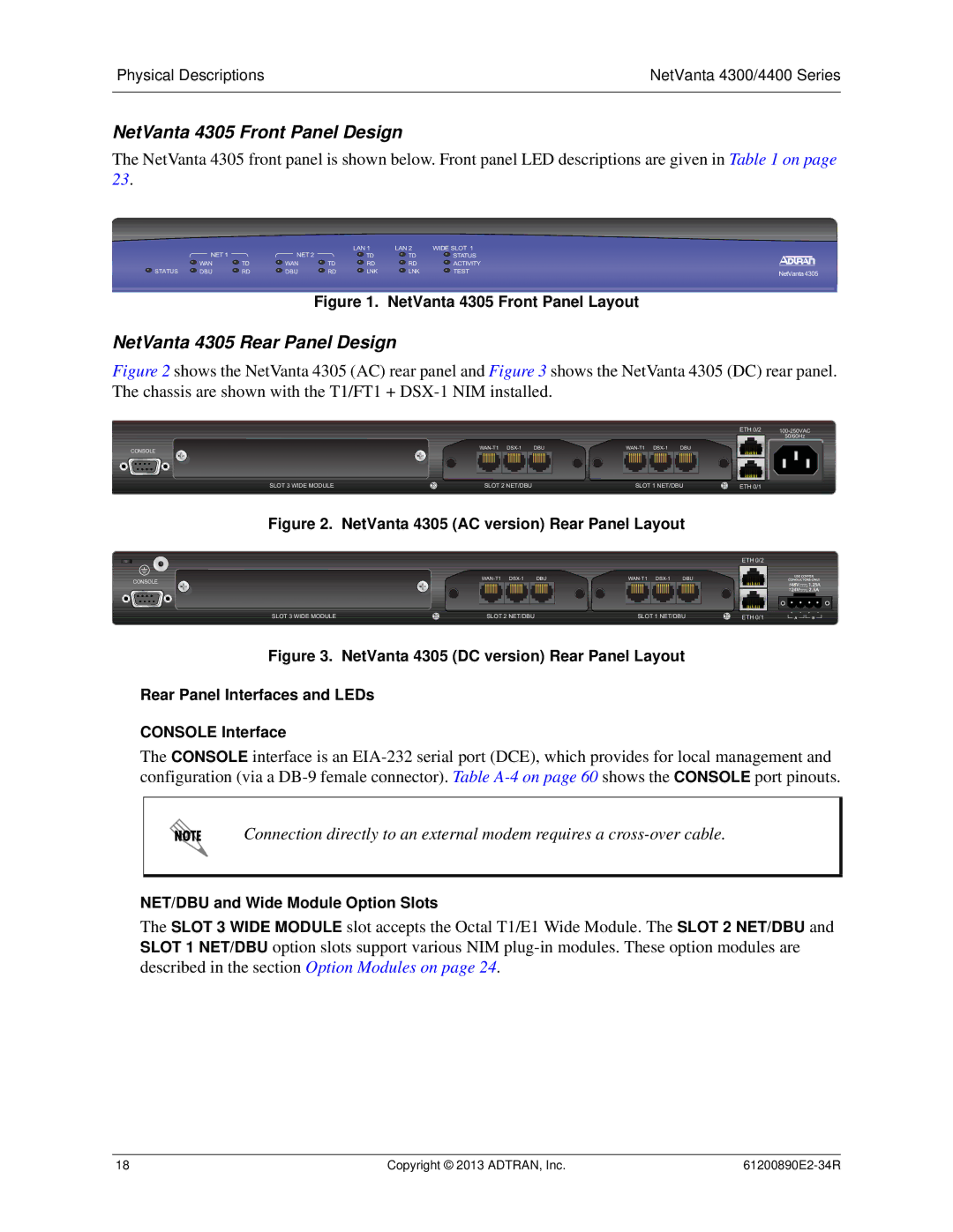 ADTRAN 1202890E1 NetVanta 4305 Front Panel Design, NetVanta 4305 Rear Panel Design, NET/DBU and Wide Module Option Slots 