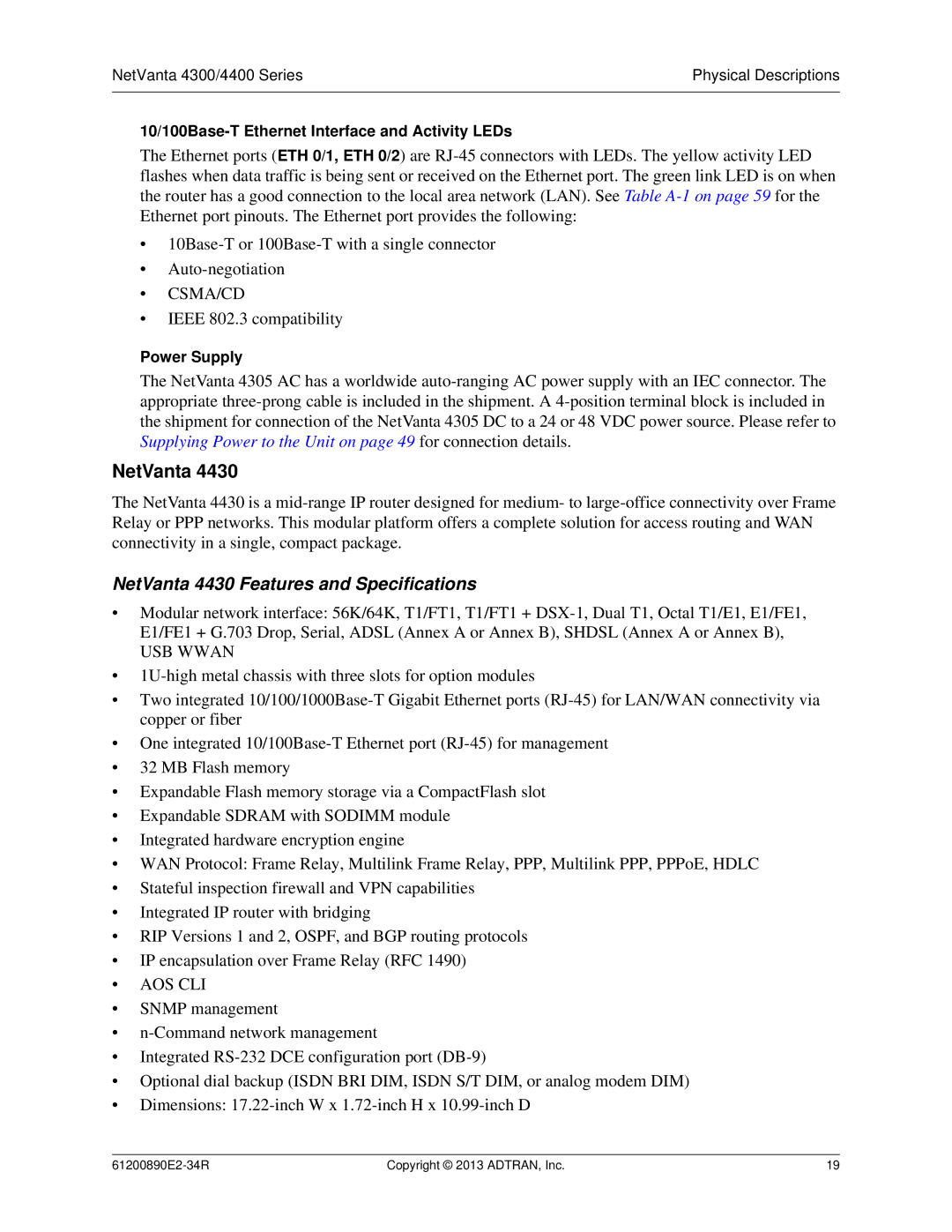 ADTRAN 1202890E1 manual NetVanta 4430 Features and Specifications, 10/100Base-T Ethernet Interface and Activity LEDs 