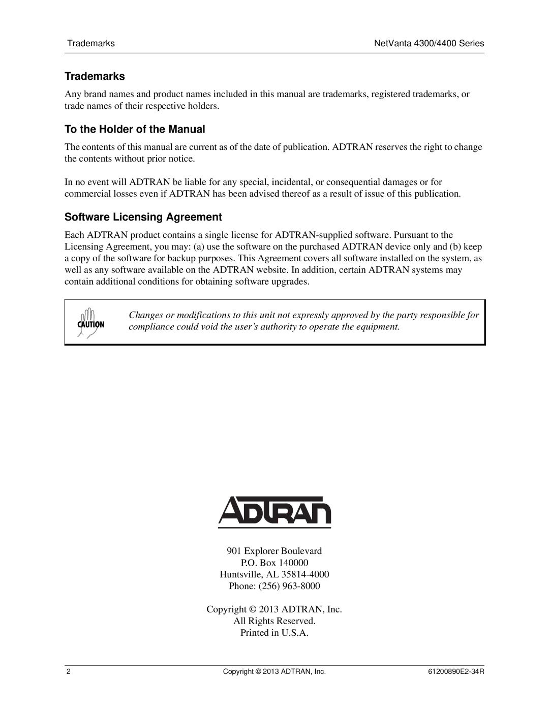 ADTRAN 1202890E1 manual Trademarks, To the Holder of the Manual, Software Licensing Agreement 