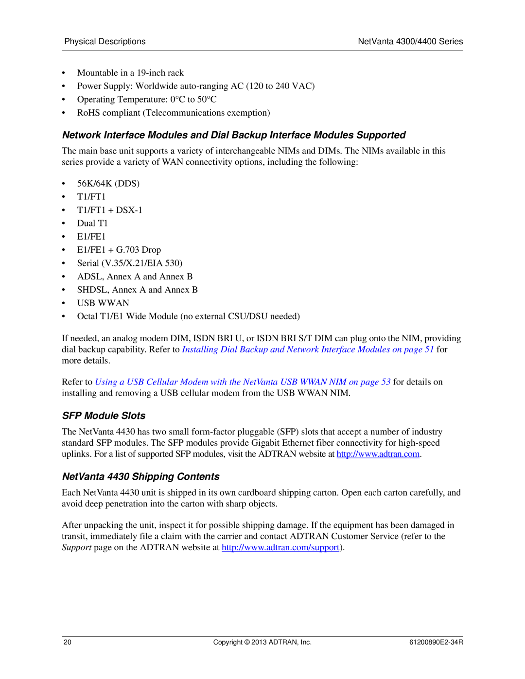 ADTRAN 1202890E1 manual SFP Module Slots NetVanta 4430 Shipping Contents 