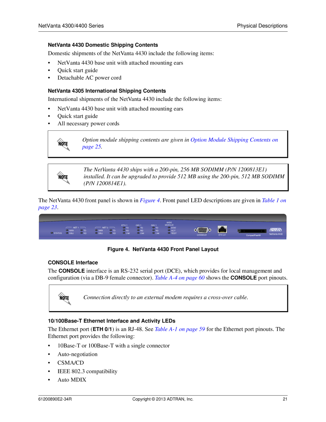 ADTRAN 1202890E1 manual NetVanta 4430 Domestic Shipping Contents, NetVanta 4305 International Shipping Contents 