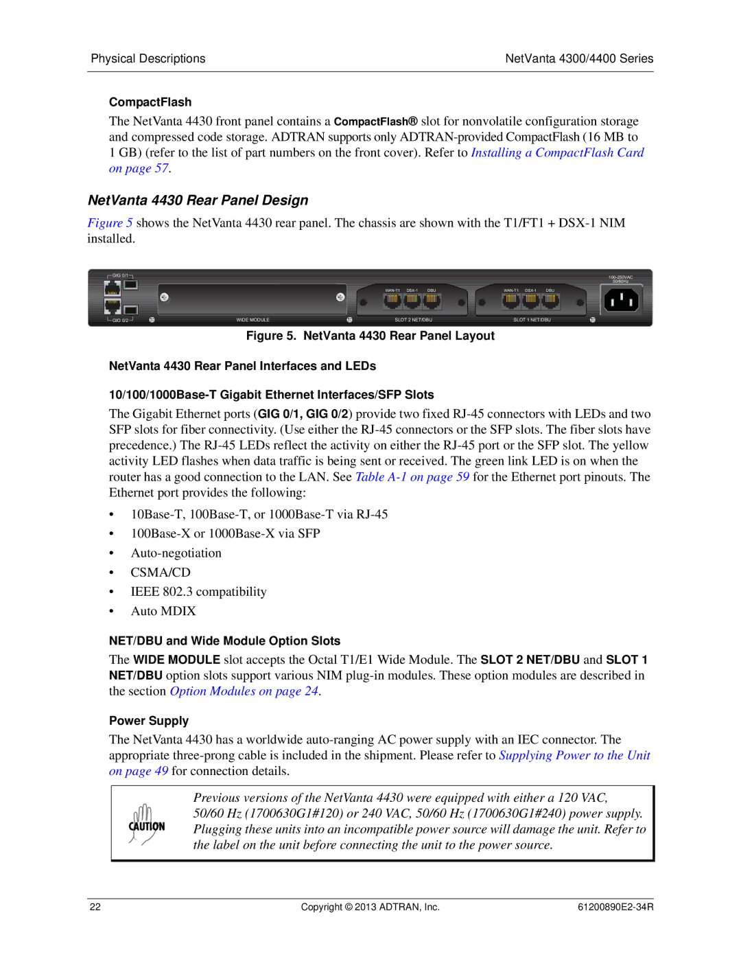 ADTRAN 1202890E1 manual NetVanta 4430 Rear Panel Design, CompactFlash 