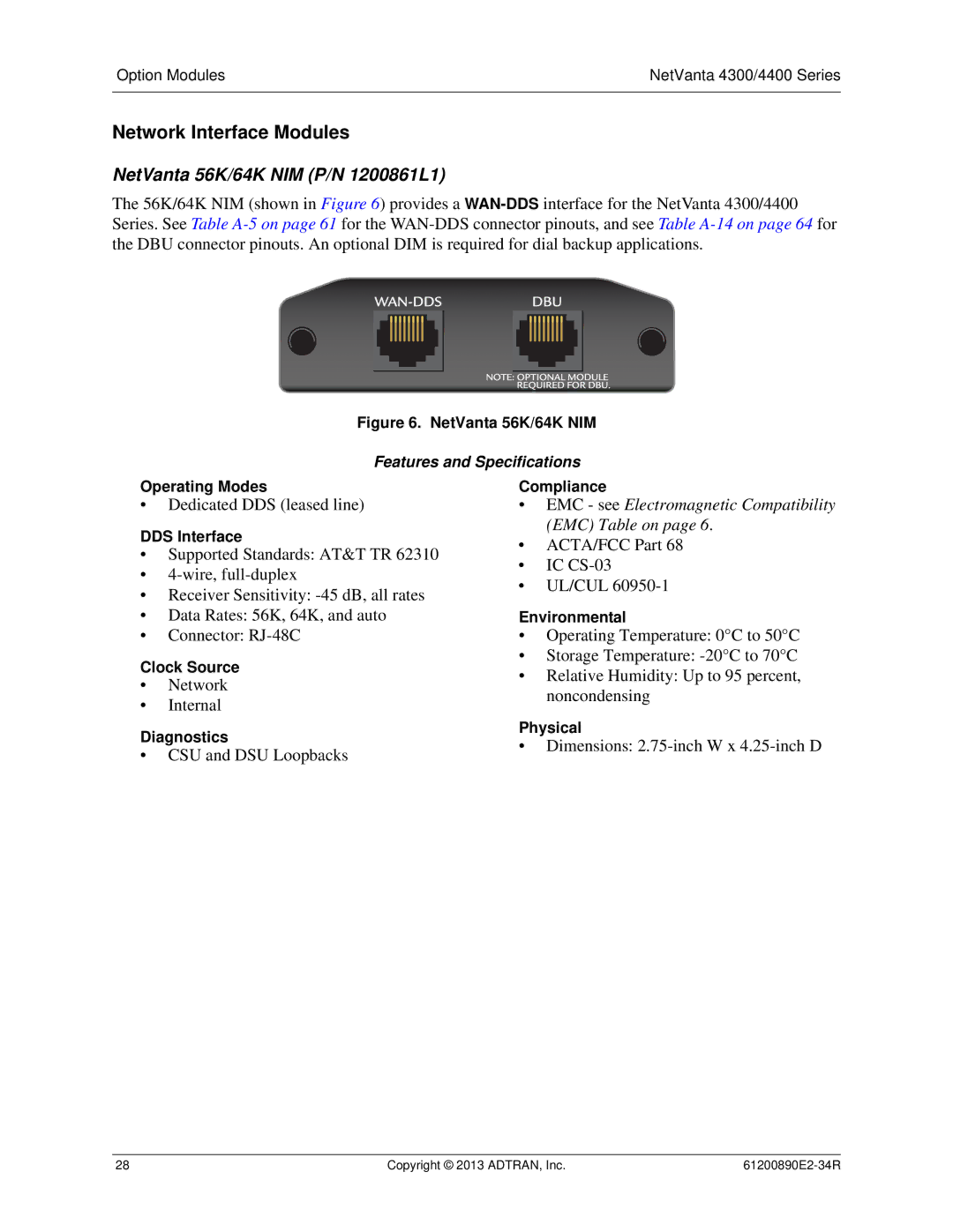 ADTRAN 1202890E1 manual Network Interface Modules, NetVanta 56K/64K NIM P/N 1200861L1 