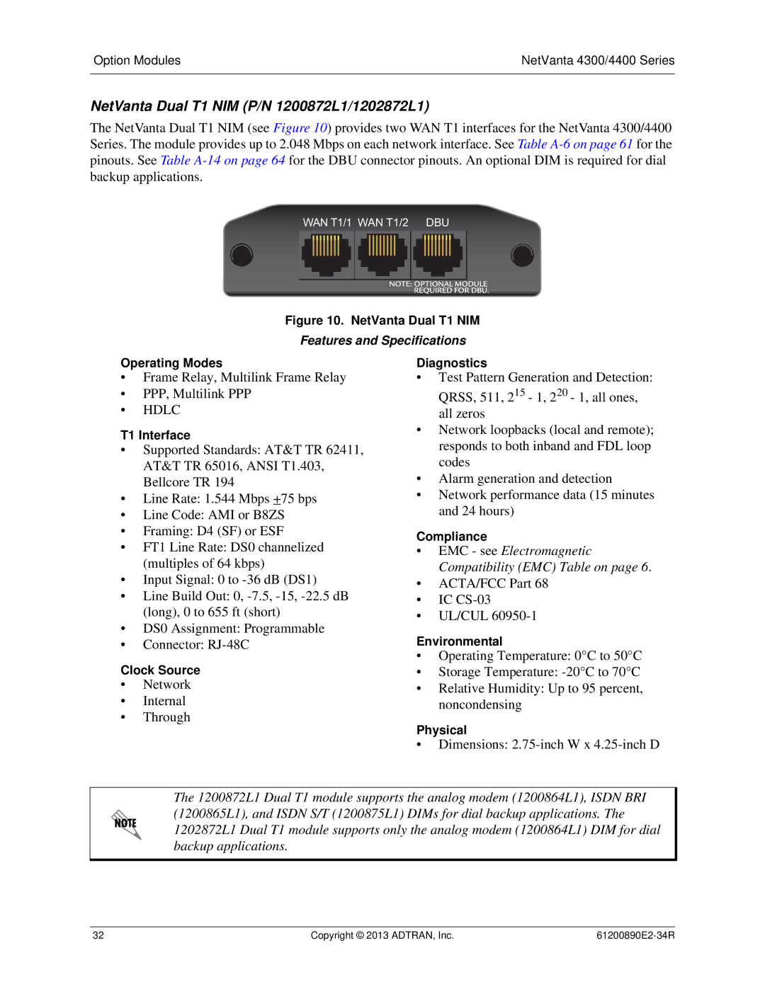 ADTRAN 1202890E1 manual NetVanta Dual T1 NIM P/N 1200872L1/1202872L1, T1 Interface 