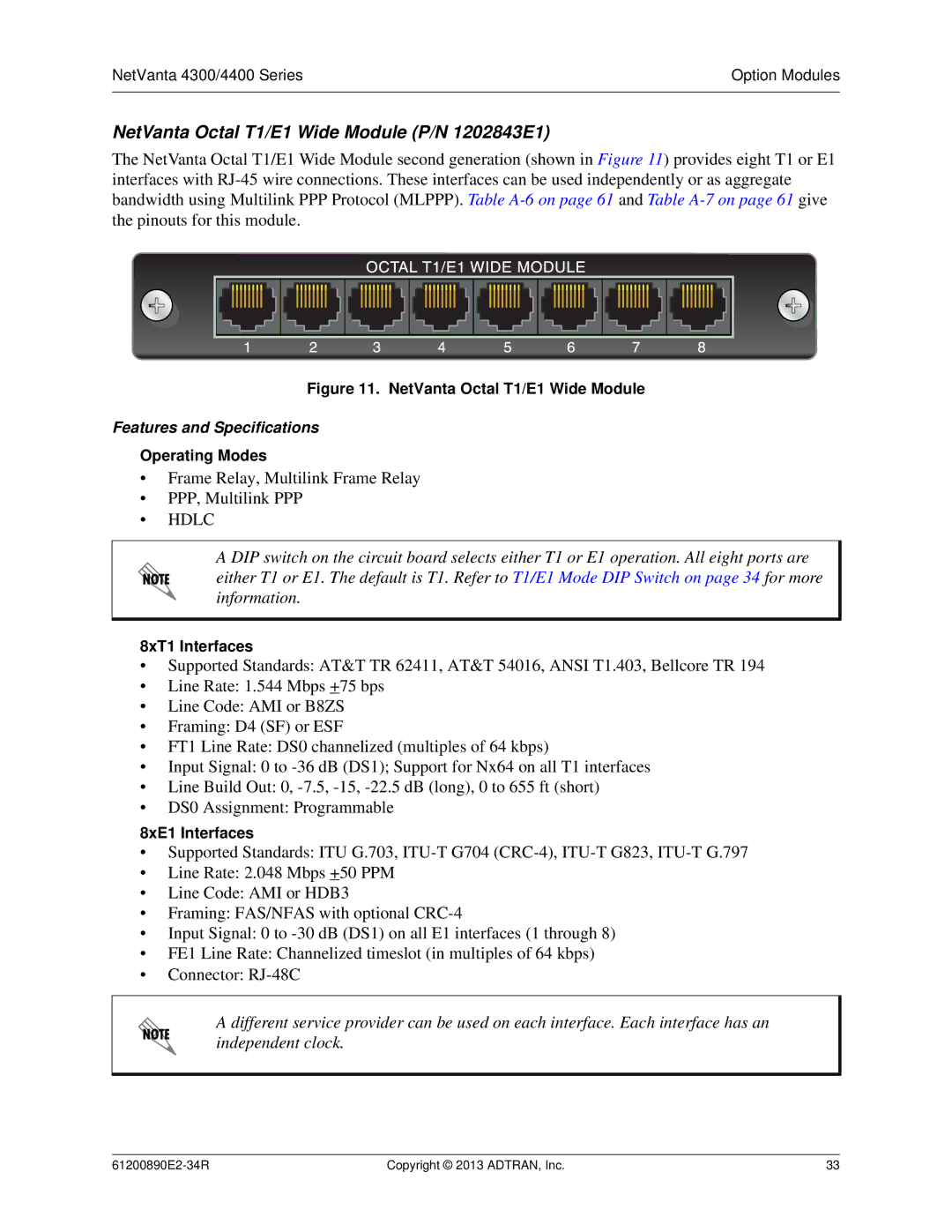 ADTRAN 1202890E1 manual NetVanta Octal T1/E1 Wide Module P/N 1202843E1, 8xT1 Interfaces, 8xE1 Interfaces 