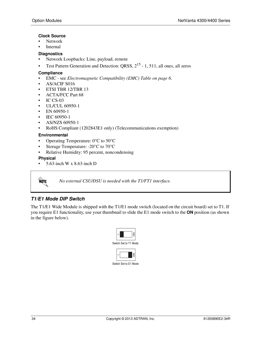ADTRAN 1202890E1 manual T1/E1 Mode DIP Switch 