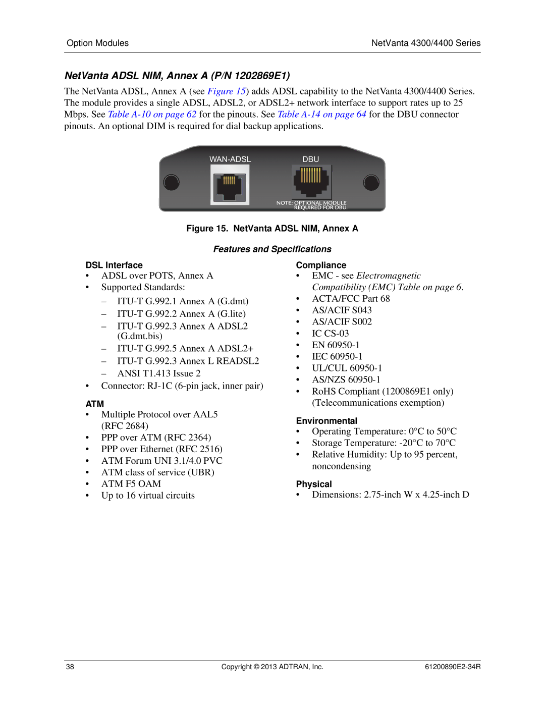 ADTRAN 1202890E1 manual NetVanta Adsl NIM, Annex a P/N 1202869E1, DSL Interface Compliance 