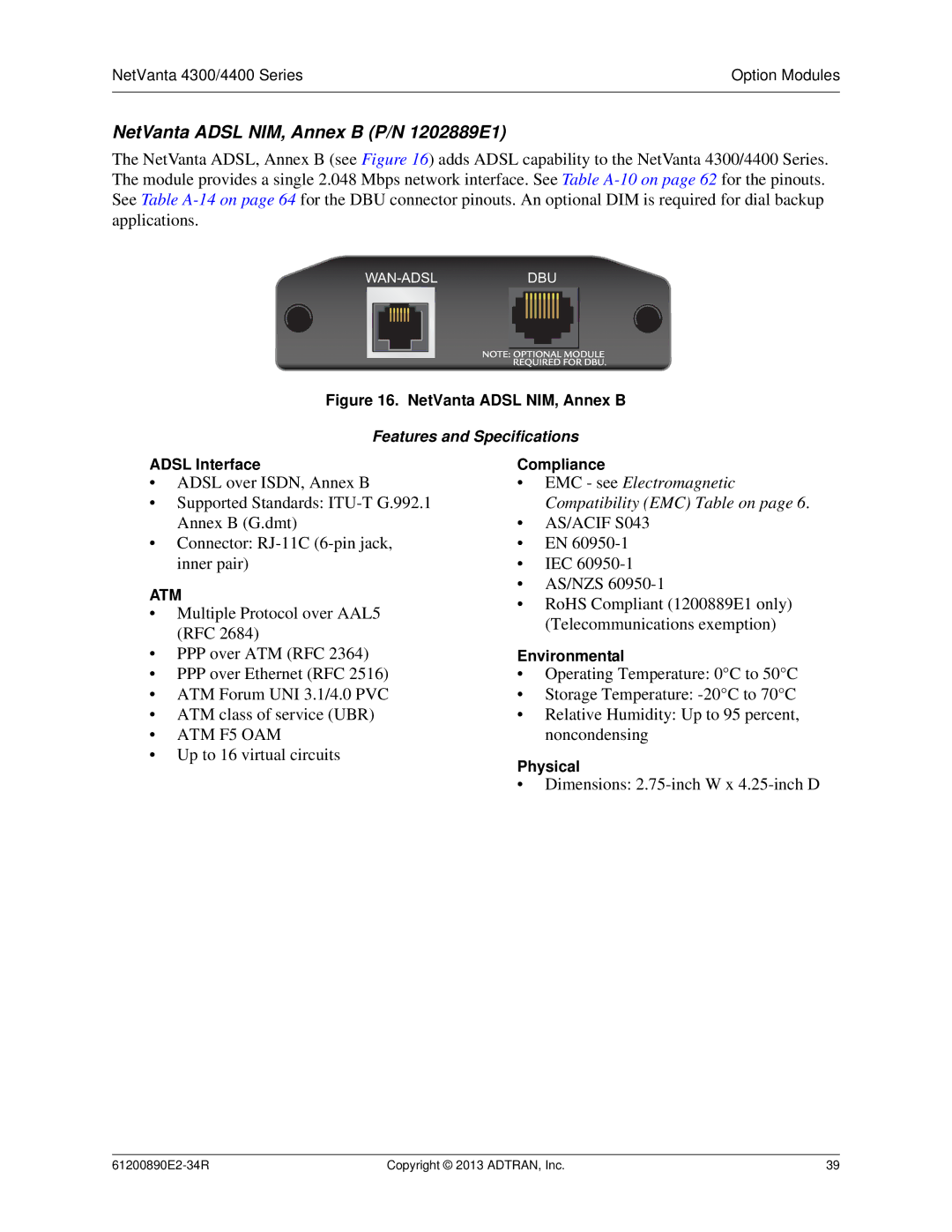 ADTRAN 1202890E1 manual NetVanta Adsl NIM, Annex B P/N 1202889E1, Adsl Interface Compliance 