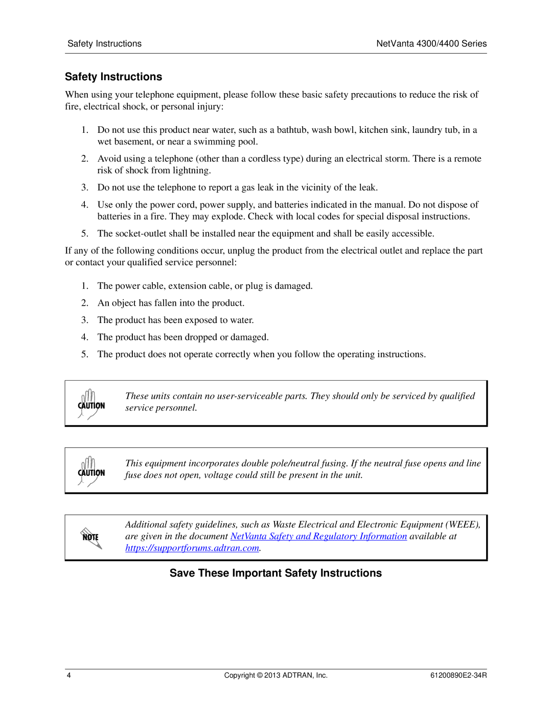 ADTRAN 1202890E1 manual Save These Important Safety Instructions 