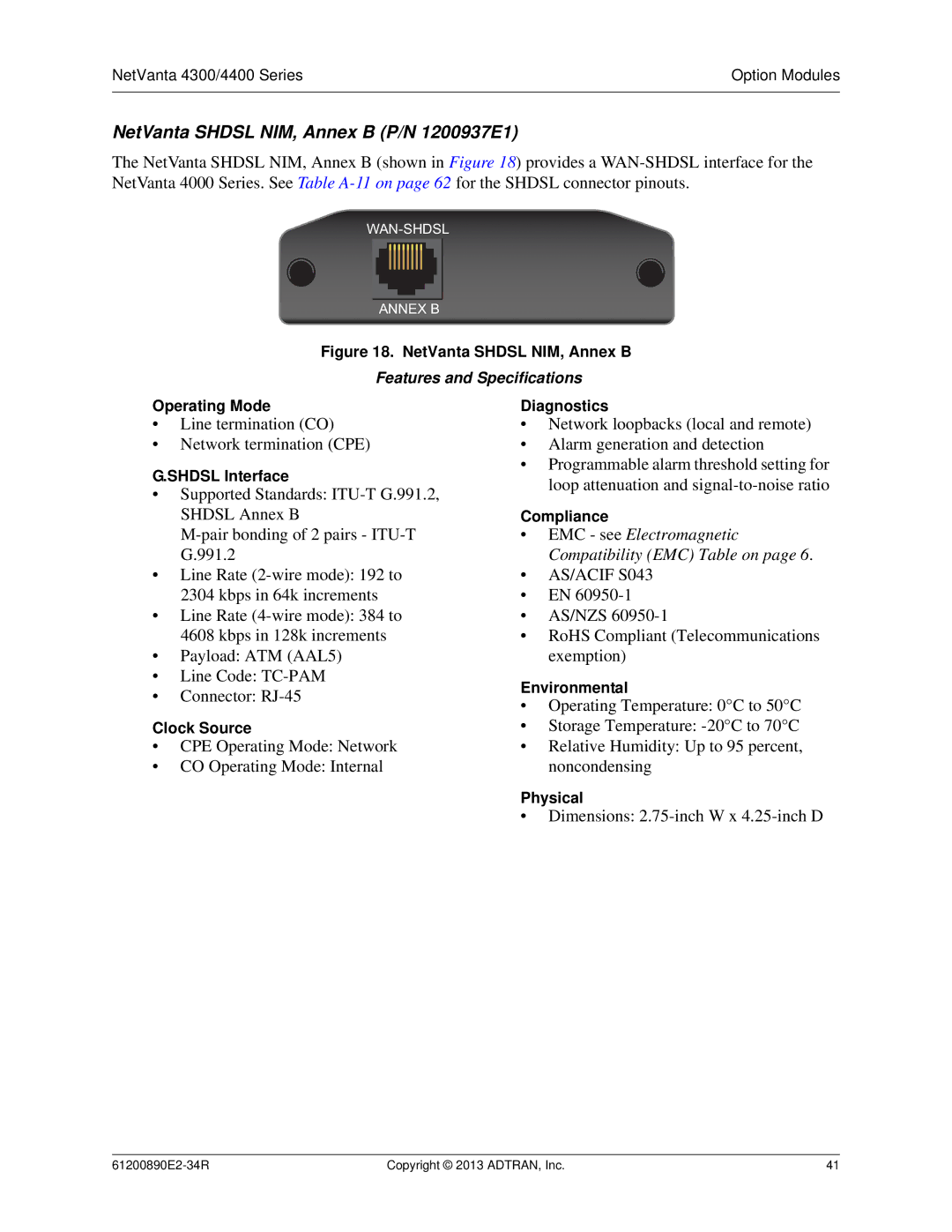 ADTRAN 1202890E1 manual NetVanta Shdsl NIM, Annex B P/N 1200937E1 