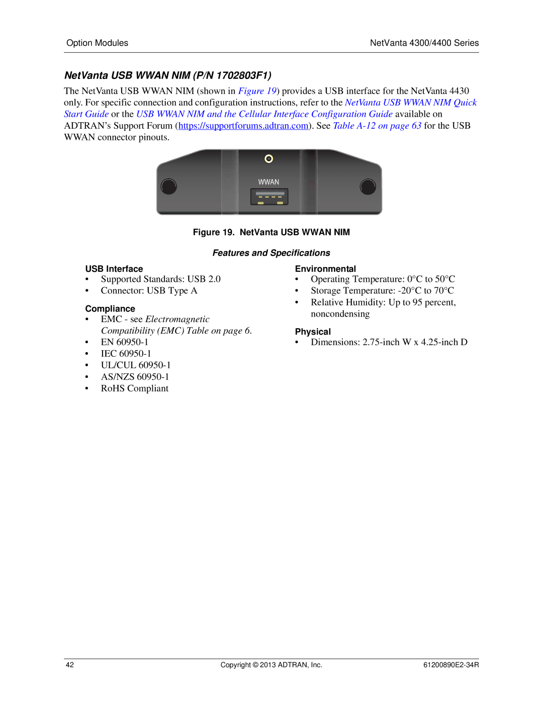 ADTRAN 1202890E1 manual NetVanta USB Wwan NIM P/N 1702803F1, USB Interface Environmental 