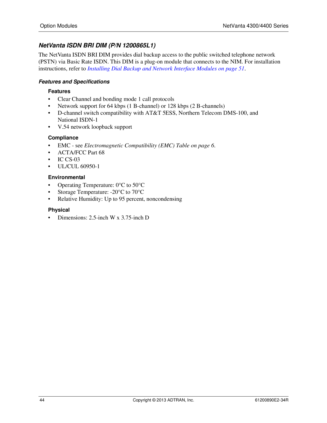 ADTRAN 1202890E1 manual NetVanta Isdn BRI DIM P/N 1200865L1 