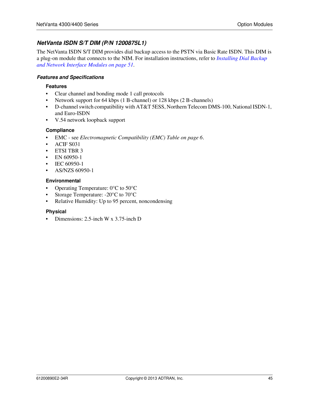 ADTRAN 1202890E1 manual NetVanta Isdn S/T DIM P/N 1200875L1, Etsi TBR 