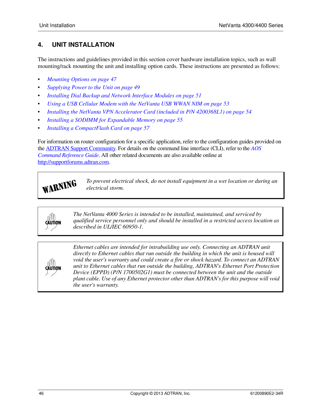 ADTRAN 1202890E1 manual Unit Installation 