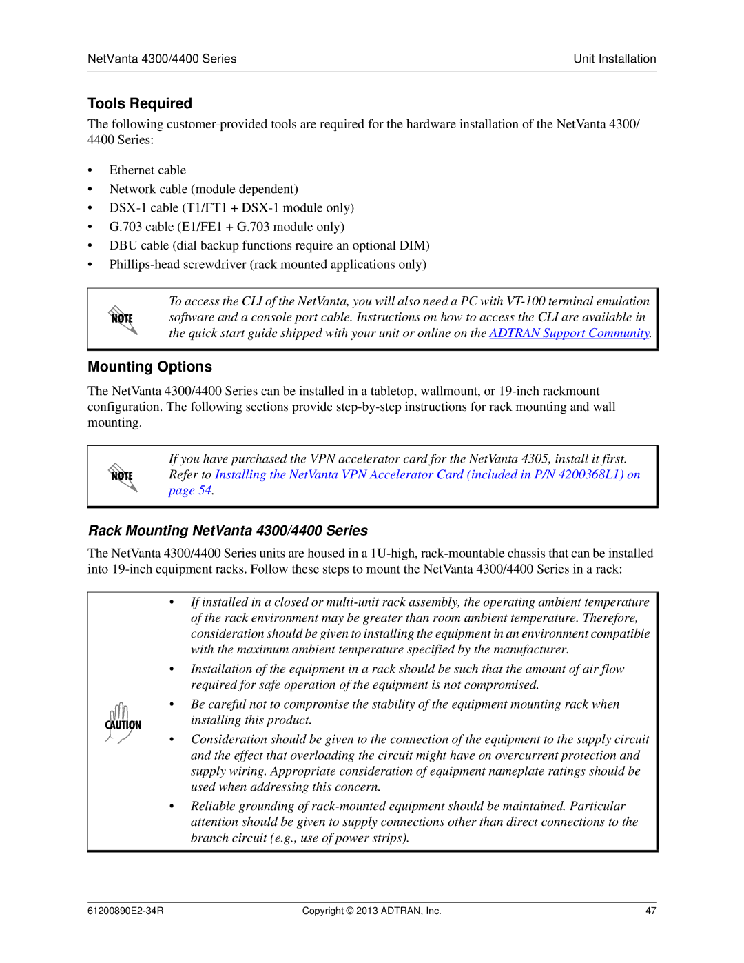 ADTRAN 1202890E1 manual Tools Required, Mounting Options, Rack Mounting NetVanta 4300/4400 Series 