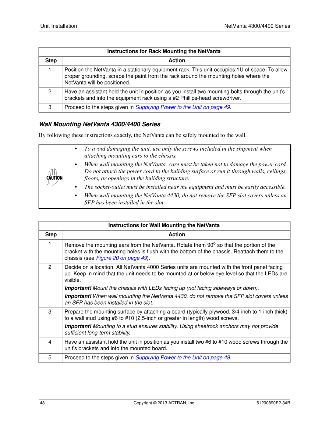 ADTRAN 1202890E1 manual Wall Mounting NetVanta 4300/4400 Series, Instructions for Wall Mounting the NetVanta, Step Action 