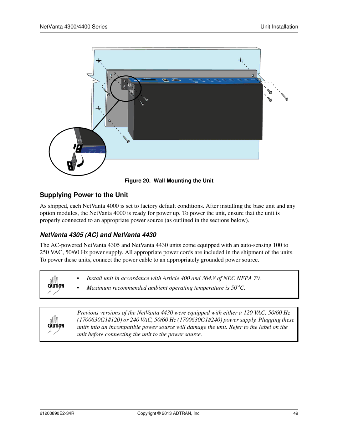 ADTRAN 1202890E1 manual Supplying Power to the Unit, NetVanta 4305 AC and NetVanta 