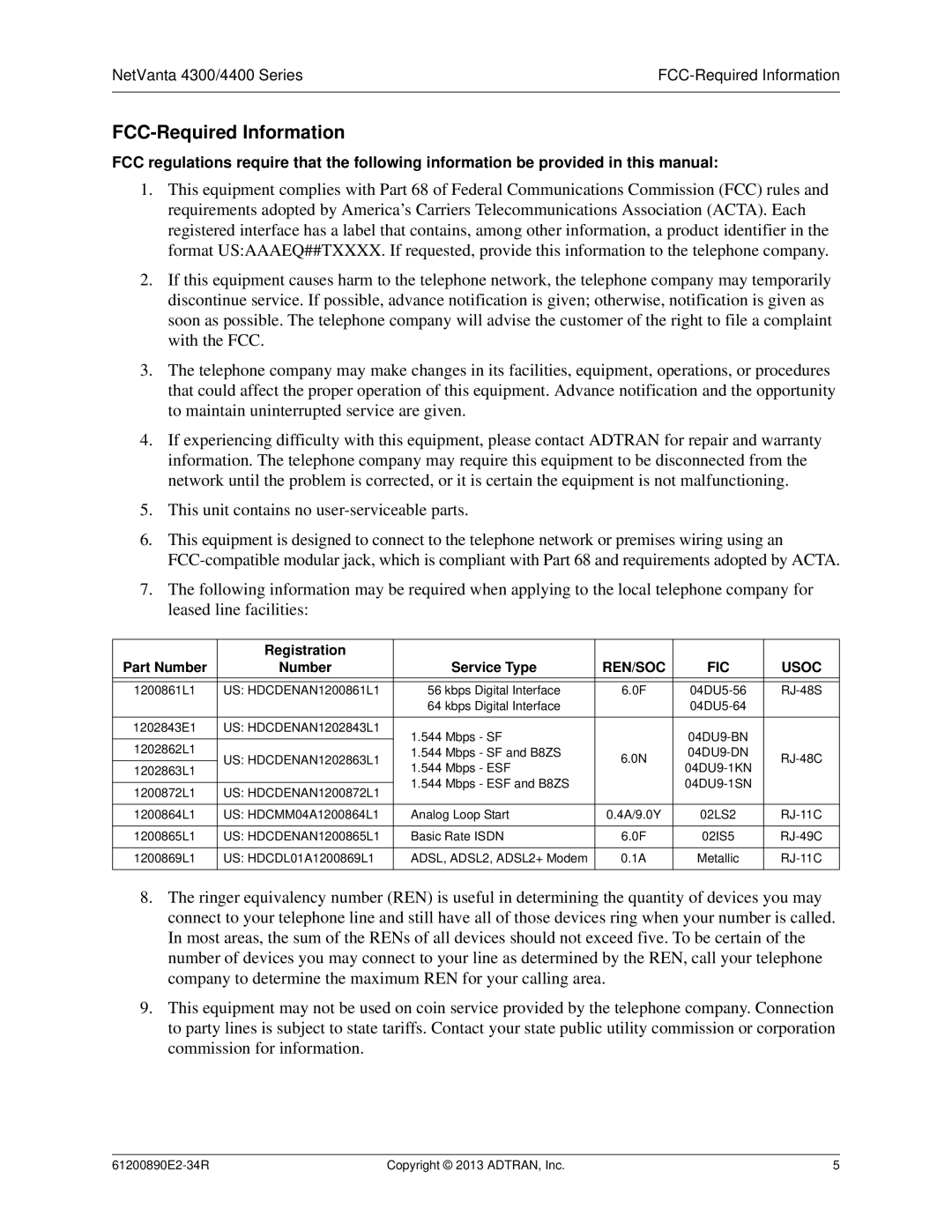 ADTRAN 1202890E1 manual FCC-Required Information, REN/SOC FIC Usoc 