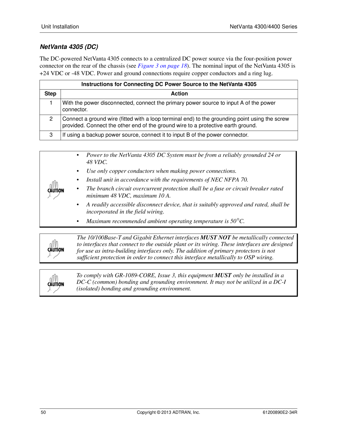 ADTRAN 1202890E1 manual NetVanta 4305 DC, Instructions for Connecting DC Power Source to the NetVanta 