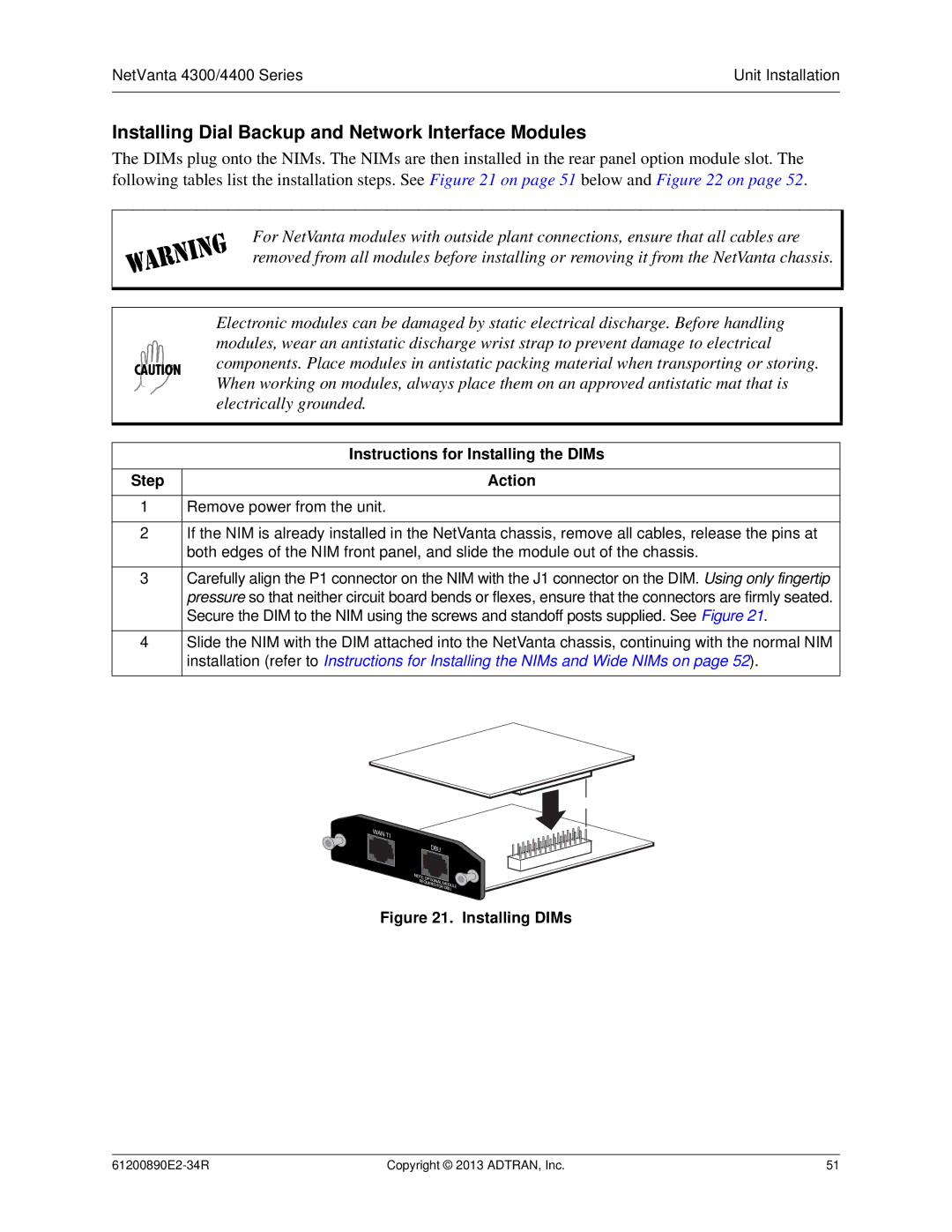 ADTRAN 1202890E1 manual Installing Dial Backup and Network Interface Modules, Installing DIMs 