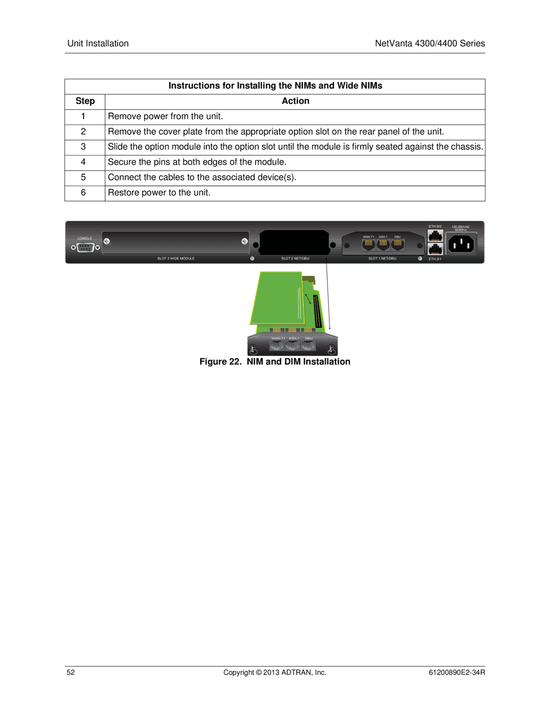 ADTRAN 1202890E1 manual NIM and DIM Installation 