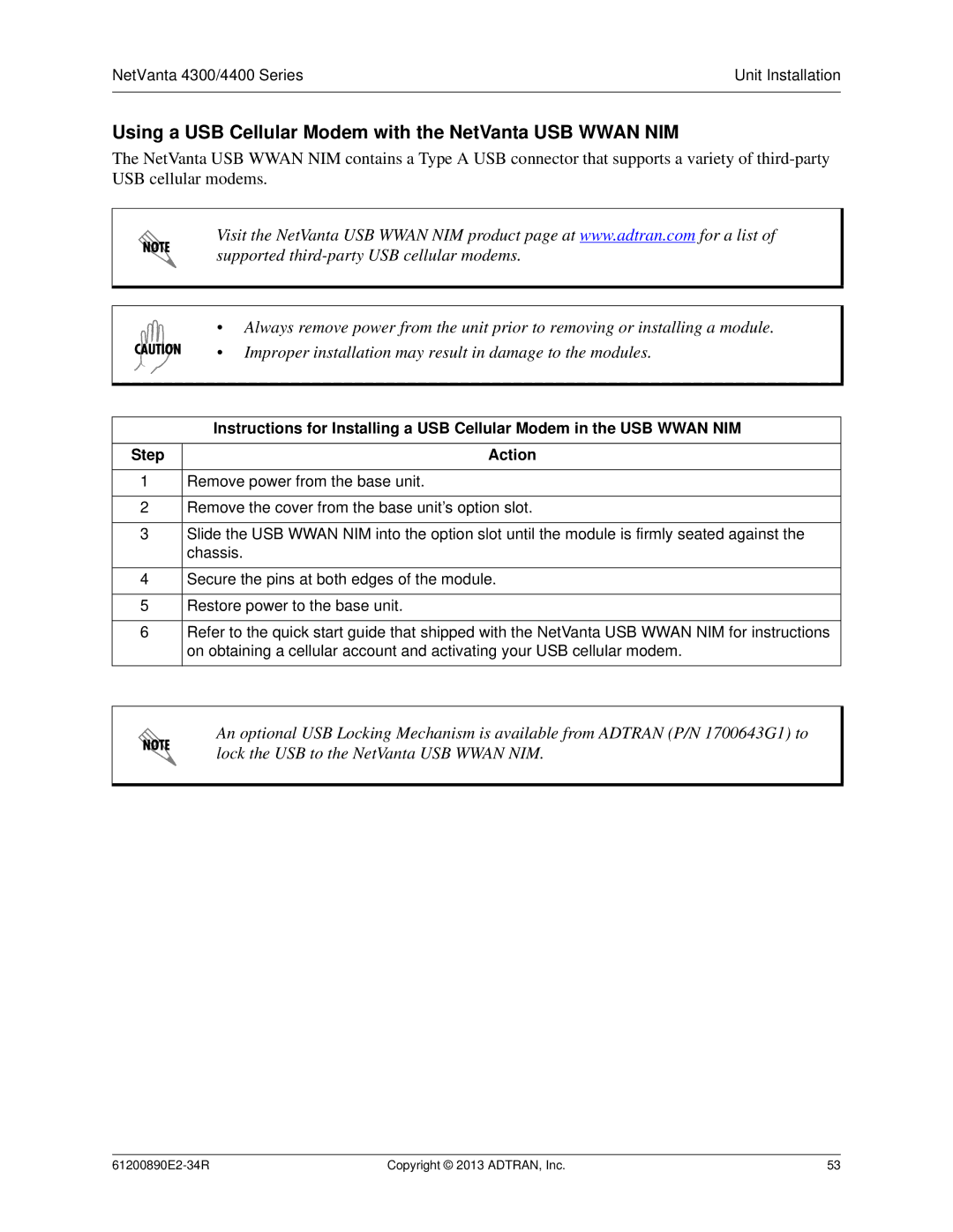 ADTRAN 1202890E1 manual Using a USB Cellular Modem with the NetVanta USB Wwan NIM, Step Action 