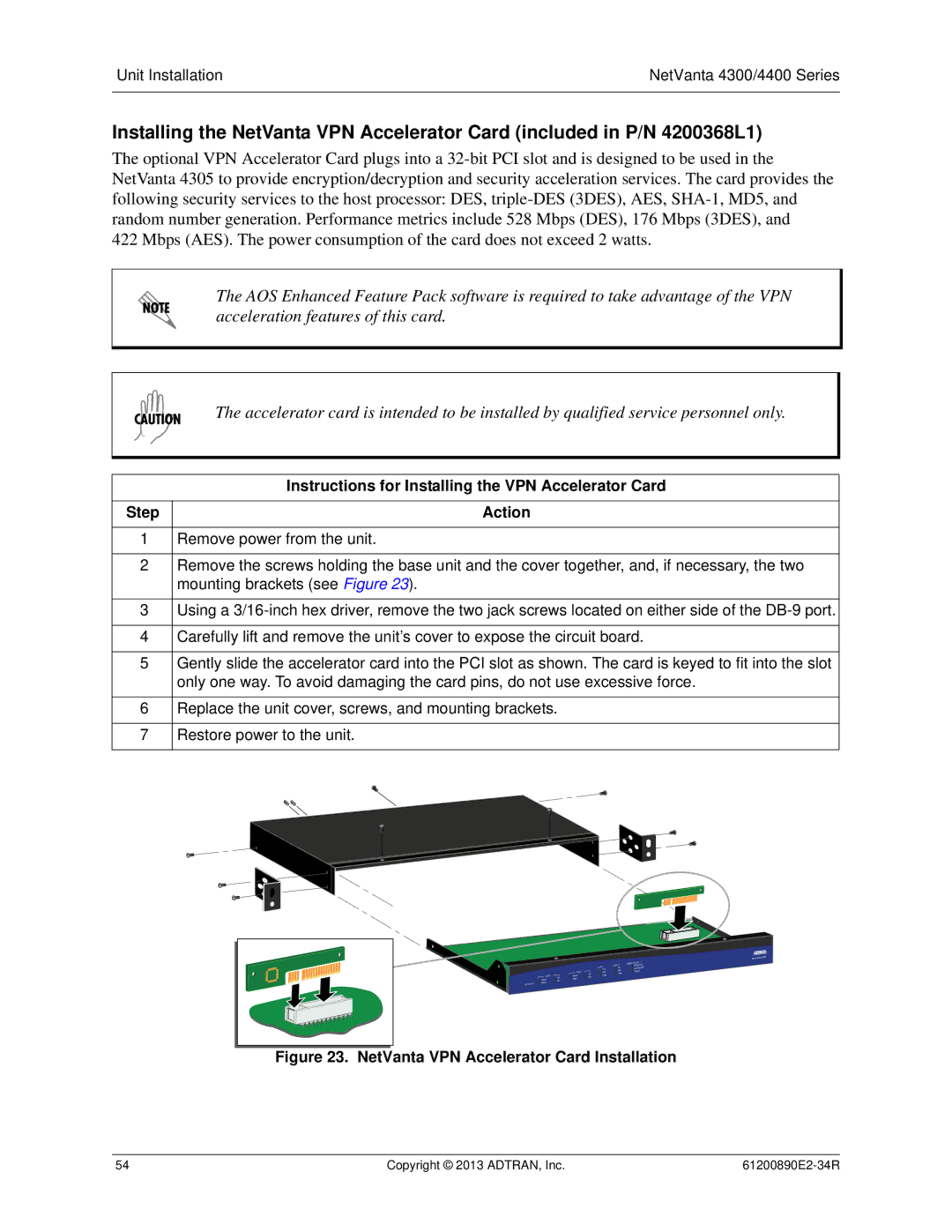 ADTRAN 1202890E1 manual Instructions for Installing the VPN Accelerator Card, NetVanta VPN Accelerator Card Installation 