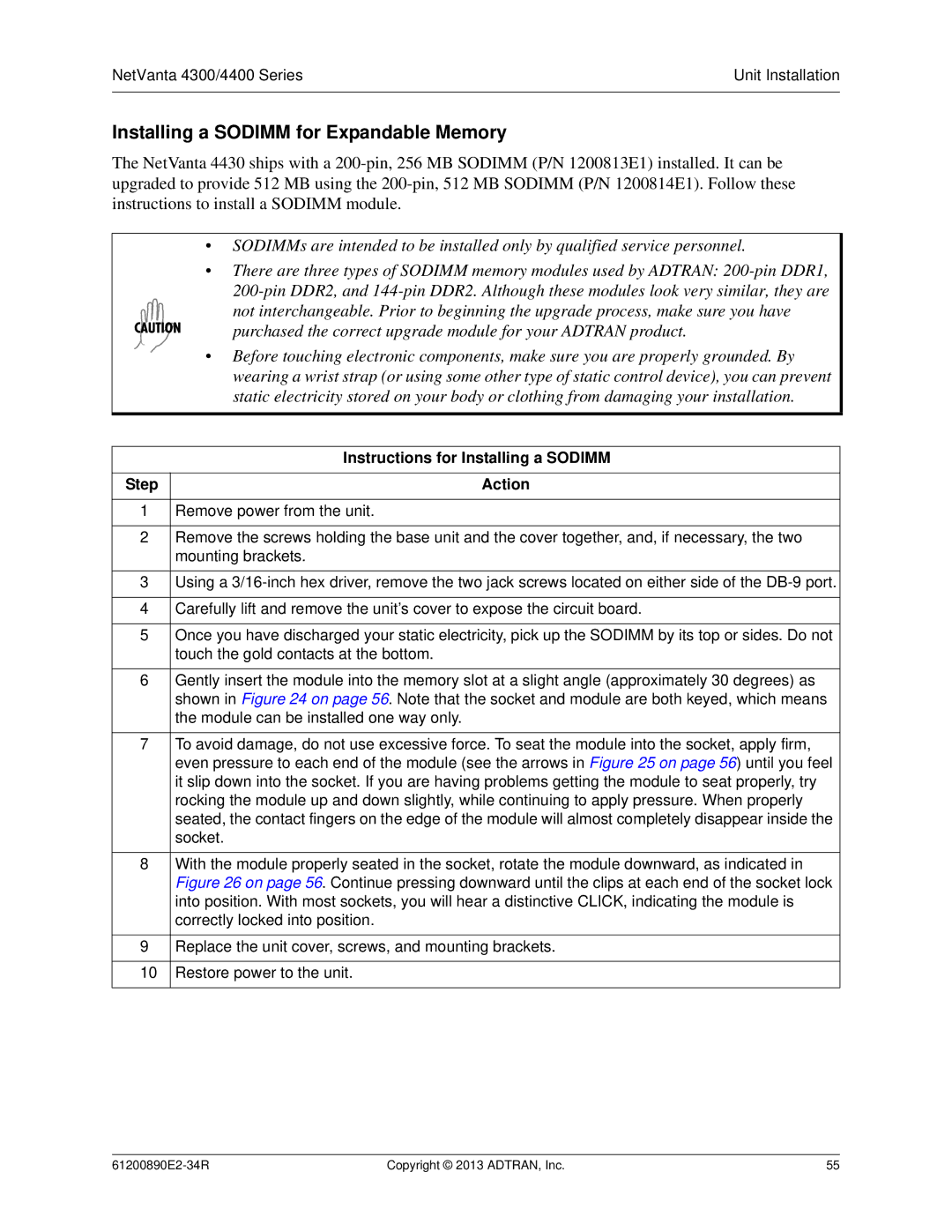 ADTRAN 1202890E1 manual Installing a Sodimm for Expandable Memory, Instructions for Installing a Sodimm 