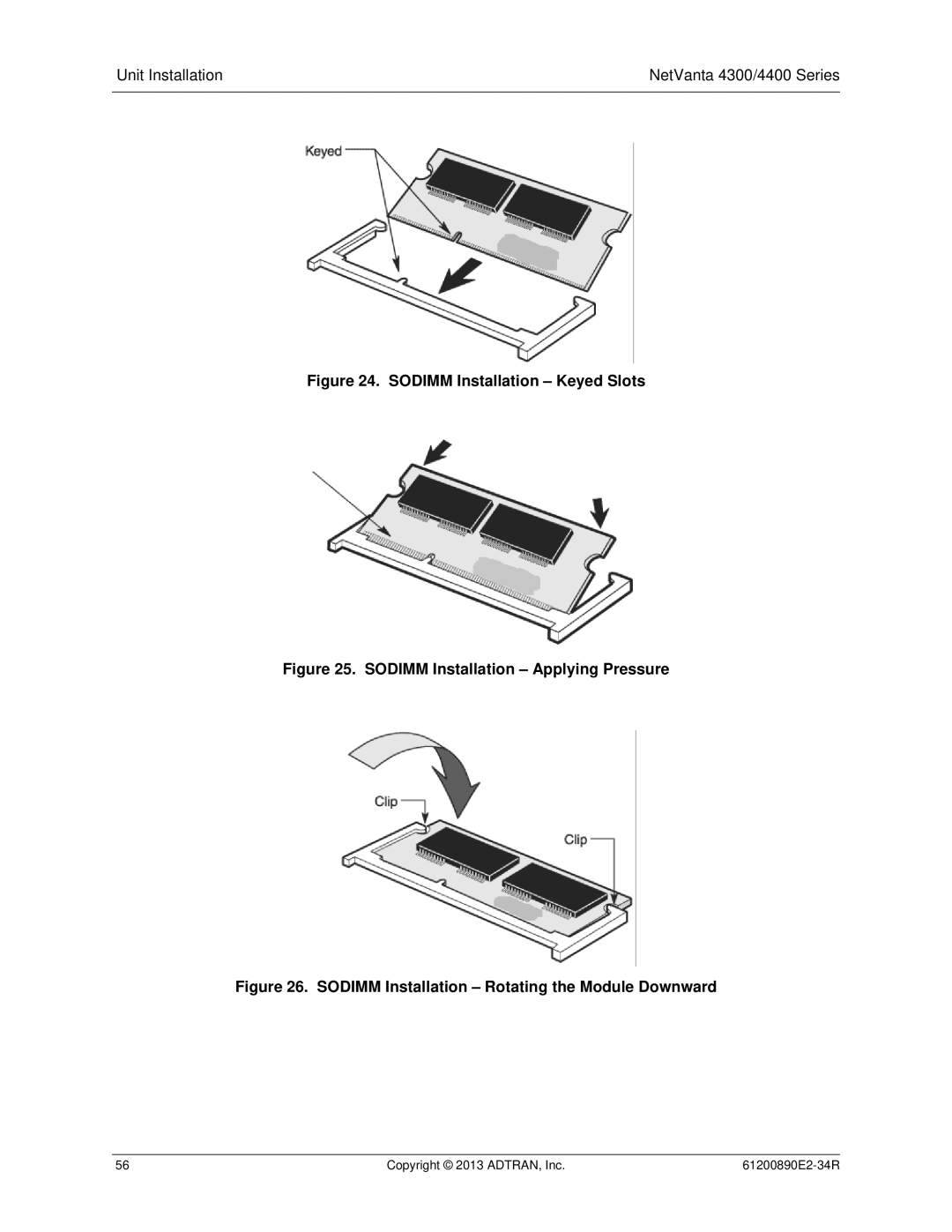 ADTRAN 1202890E1 manual Sodimm Installation Keyed Slots 