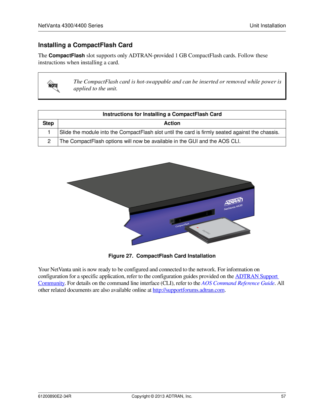 ADTRAN 1202890E1 manual Instructions for Installing a CompactFlash Card 