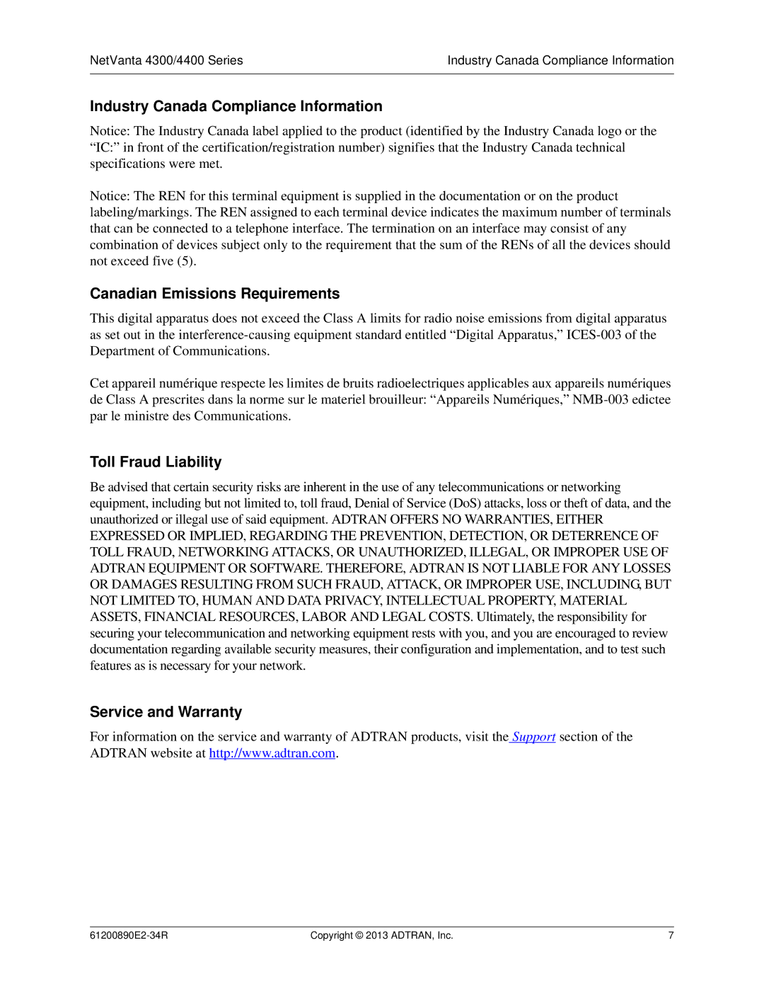 ADTRAN 1202890E1 manual Toll Fraud Liability, Service and Warranty 