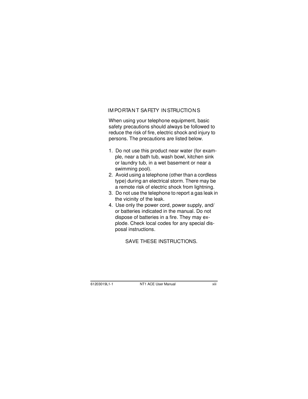 ADTRAN 203019L1, 1203019L2, 1203019L3 user manual Important Safety Instructions 