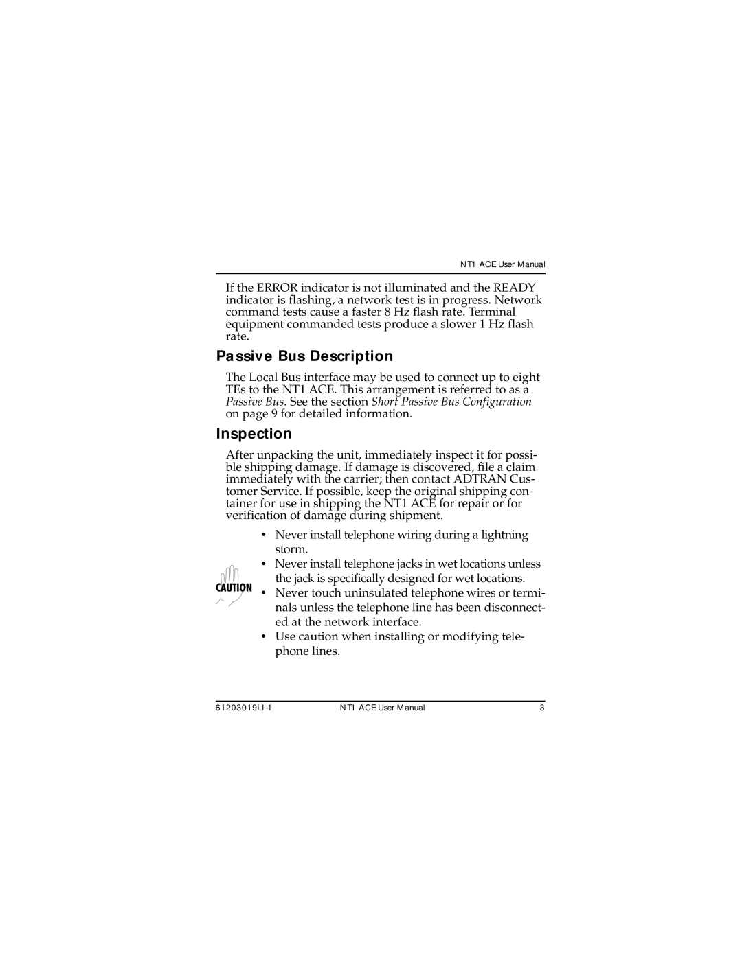 ADTRAN 203019L1, 1203019L2, 1203019L3 user manual Passive Bus Description, Inspection 